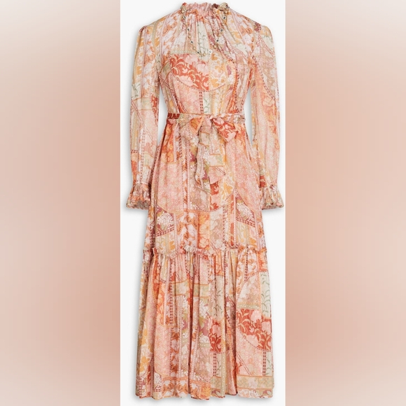 Zimmermann Kaleidoscope Floral-Print Belted Midi Dress in Red Multi Swirl Size 0 - Picture 5 of 11